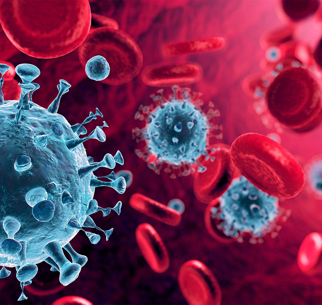 Illustration of viral particles in a red artery which are surrounded by blood cells.